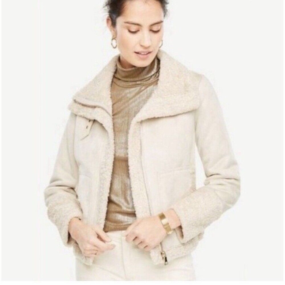 Ann Taylor Faux Shearling Suede Zip Front Coat Modern Porcelain Size 4